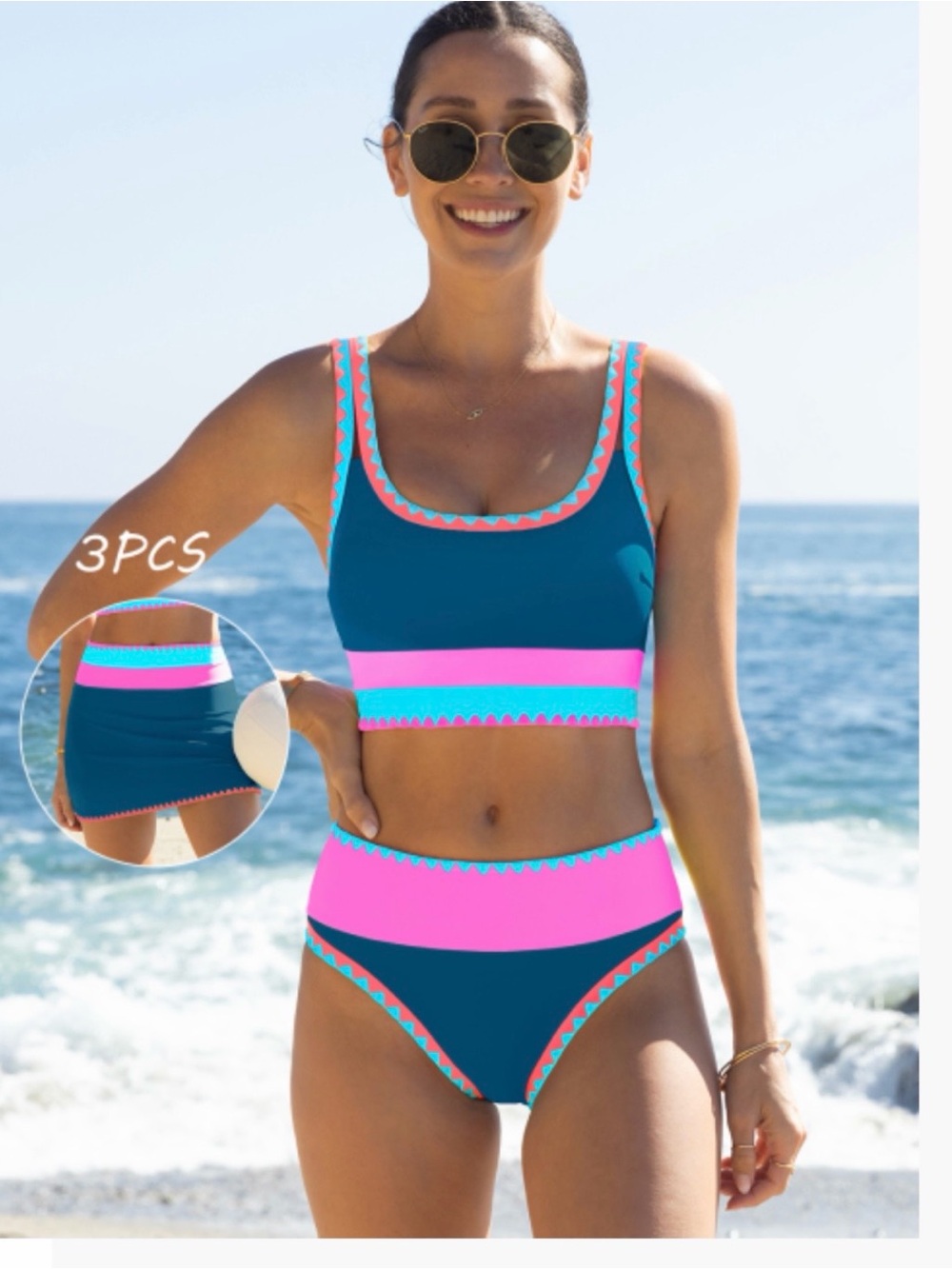 3 piece colorblock bikini set with skirt